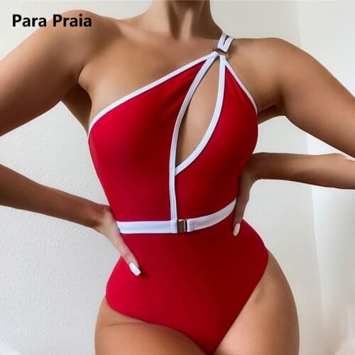 Para Praia 2021 Backless One Piece Swimsuit Cut Out Monikini One Shoulder Swim Wear Belt Swimwear Sexy High Waist Bathing Suit
