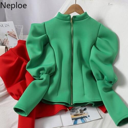 Neploe Sweatshirt Fall Clothes Women New Arrival Fashion Hoodies Puff Sleeve Zipper Shirt Coat Solid Short Korean Tops 4f432