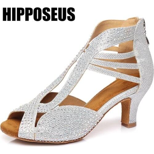 Hipposeus Girls Latin Dance Shoes Women Ladies Ballroom Modern Tango Dancing Shoes With Rhinestone High Heels Salsa Sandals