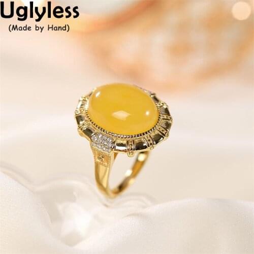 Uglyless New Popular Chicken Oil Amber Rings for Women Luxury Big Size Blank Gemstone Jewelry Shinning Crystals Rings 925 Silver