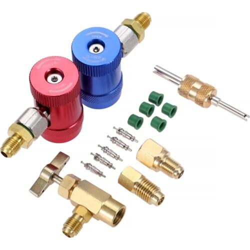 High Low Side Manual Quick Coupler Connector R1234YF Can Tap w/R12 R22 to R134A Adapters Valve Core Remover 5pc Thimbles Gaskets