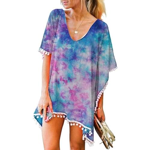 Womens Swimsuit Beach Dress Trim Kaftan Chiffon Tassels Swimwear Smock Boho Loose Bikini Pareo Beach Cover Up Tops Beach Sarong