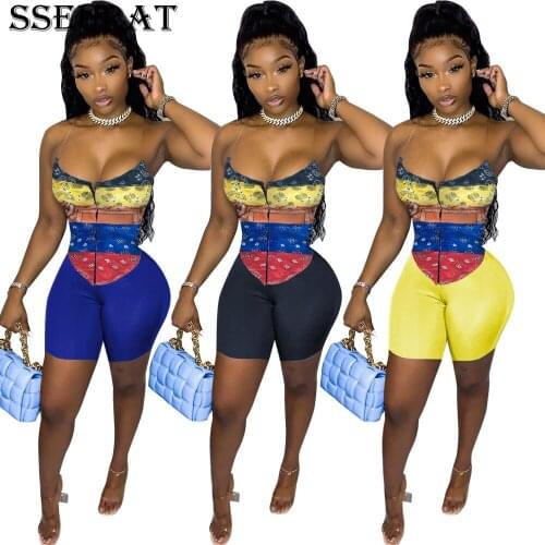 SSEURAT Women Set Print Sleeveless Strap Zipper Slim Crop Tops Strechy Shorts Two 2 Piece Sets Sexy Tracksuit Summer Outfits