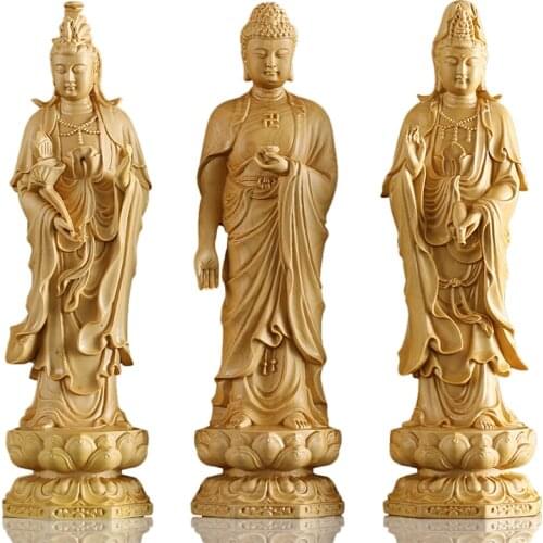 3PCS/SET SOLID WOOD CHINESE BUDDHISM BUDA FIGURINES LOTUS YELLOW WEALTH GOD BUDDHA STATUE GOD STATUES FOR HOME DECOR R1545