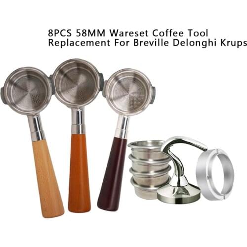 58MM 8PCS Wareset Wood Coffee Bottomless Portafilter Filter Holder Universal Portafilter Basket Tamper Dose Ring Replacement Set