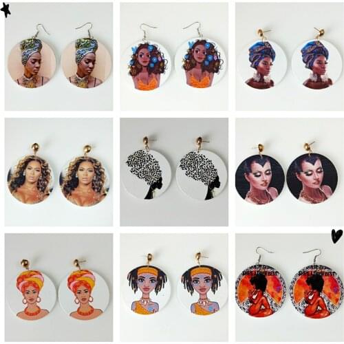 African Retro Wooden Earrings Female Earring Geometric Printing Temperament Personality Tide Exaggerated Earrings National Style