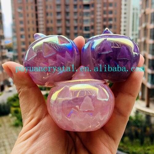 Natural Angel Aura Rose Quartz Amethyst Carved Pumpkin Figurine Healing Crystal Home Decor Feng Shui Luck Witch Halloween Gift