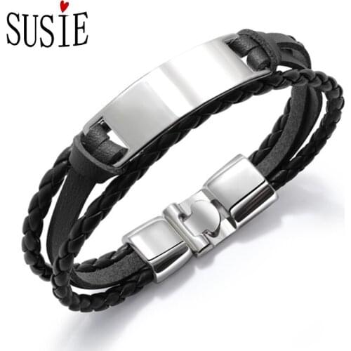 LOVE SUSIE Men Charm Bracelets Stainless Steel PU Rope Chain Vintage Style Punk Bangles Accessories Fashion Jewelery Bracelet