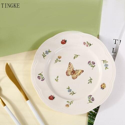 8 Inch Simple and Creative Ceramic Tableware Plate Dragonfly Butterfly Bee Printing Dishes Western Plate Large Round Plate