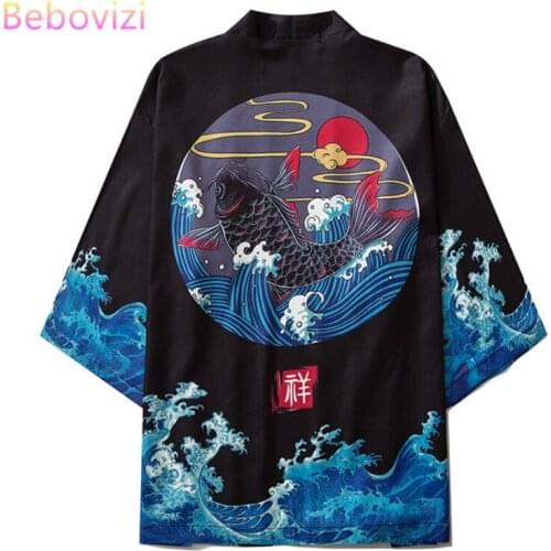 M-XXL Ins Black Carp Robe Japan Style Kimonos 2020 New Japanese Cosplay Fashion Kimono Men Women Couples Wear Loose Blouse Tops