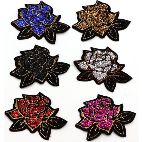 5pcs/lot Sequin Rose Flower Patch DIY Iron On Stickers for Sweater Dress Shirt Garments Sewing Fabric Appliques Handmade Badge