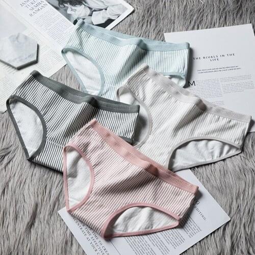 Underwear Women 's Cotton Mid Waist Girl Cute Japanese Style Women 's Breifs Breathable Thin Striped