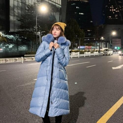 Winter newest hooded duck down jacket with ture fox collar slim fashion popular long women coats waist Korean style lady clothes
