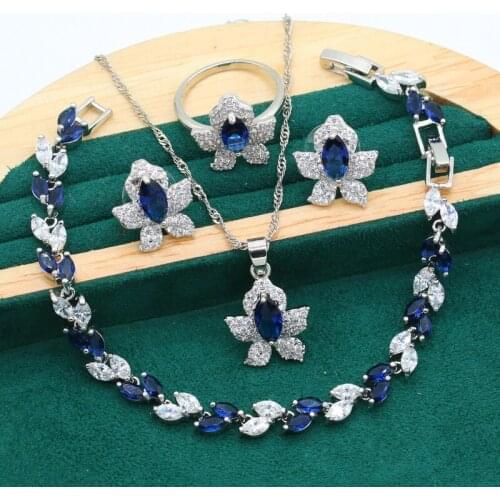 New Arrivals Silver Color Jewelry Set for Women Wedding Blue Zircon Bracelet Earrings Necklace Pendant Ring 2 Colors Available