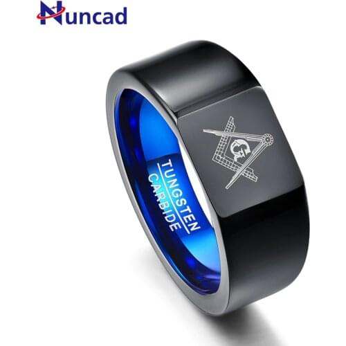 Nuncad 10mm Retro Big Head Style Tungsten Carbide Rings Vacuum Plating Black with Blue Rings Laser Masonic Sign Tungsten Ring