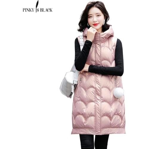 PinkyIsBlack Solid Hooded Womens Winter Vest Long Style Thick Female Sleeveless Waistcoat Cotton Padded Vest Jacket With Pocket