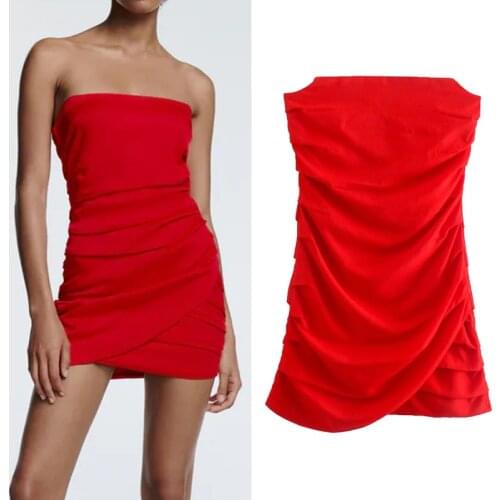 PSEEWE Za Red Bandage Dress Women 2021 Off Shoulder Mini Corset Dress Woman Tube Satin Short Dresses Pleated Sexy Party Dresses
