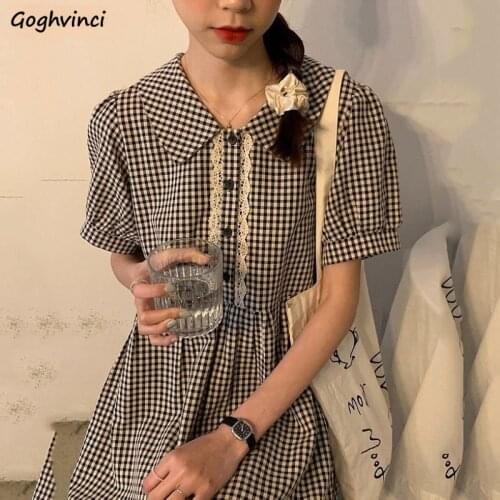 Dress Women Short Lantern Sleeves Plaid All Match Simple Lovely Turn Down Collar Cozy Trendy Empire College Casual Female 2021