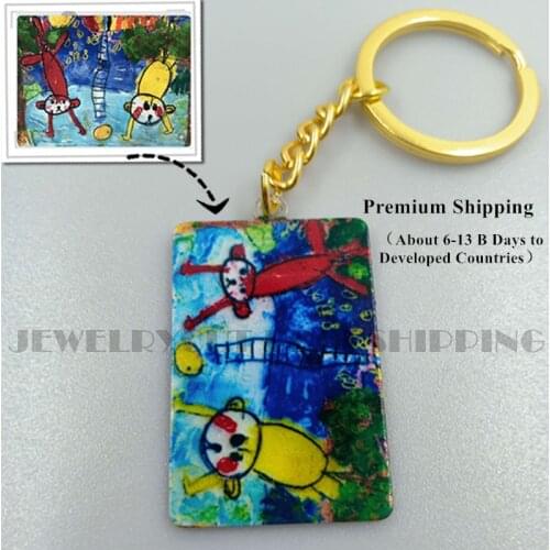 Personalized Childrens Drawing Rectangle Key Chain Custom LOGO Hand Painted 925 Sterling Silver Keyring for memory Gifts