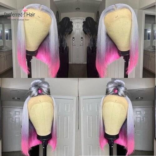 Preferred Purple 4x4 Closure Wig Red Platinum Blonde Ombre Human Hair Wig Brazilian Remy Short Bob Lace Front Wigs For Women