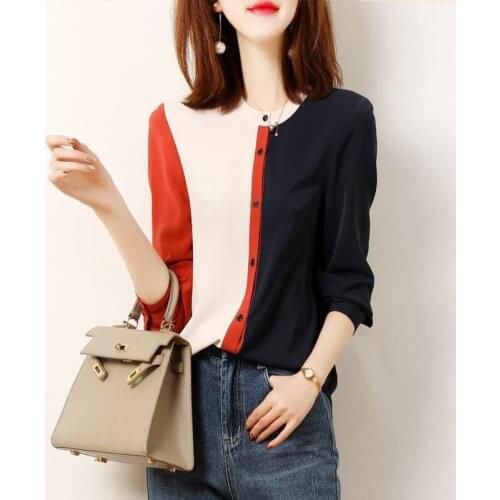 Women Blouse Chiffon Patchwork Spring, Summer Autumn round Neck Cardigan Casual Shirt Blusas Ropa De Mujer