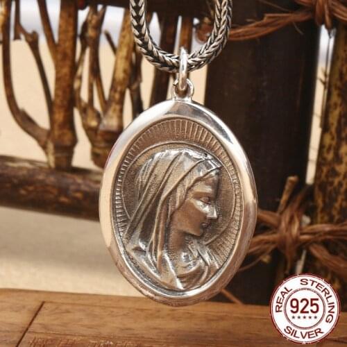 Creative Virgin Mary Portrait Pendant 100% 925 Sterling Silver colour Men Women Necklace Pendant fine Silver Jewelry sieraden