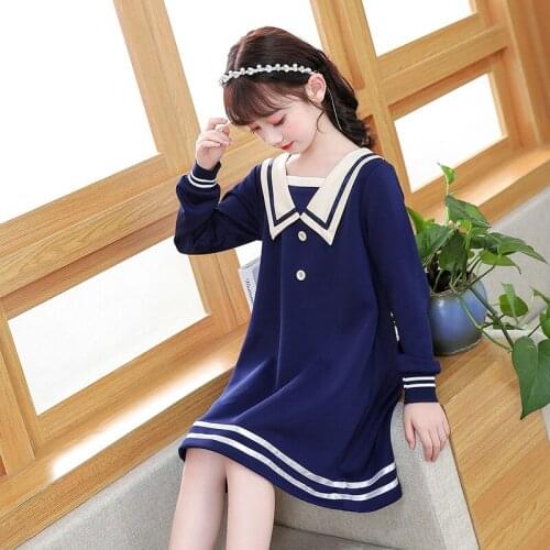 Korean version 3-12 years old girls clothing college wind navy collar striped baby dress Christmas party girl princess dress