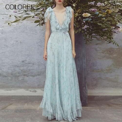 Summer Vintage Blue Floral Printed Cascading Ruffle Pleated Long Dress Women 2019 Elegant Bow V-neck Maxi Dress Runway Dress