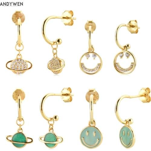 ANDYWEN 925 Sterling Silver Gold 8.5mm Gold SHINY PLANET EARRING Loops Circlr Drop Earring Zircon CZ Charm Luxury Jewels