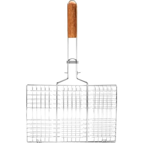 Non-stick Triple Fish Grilling Basket w/ Wood Handle Barbecue Tool Fish Grill Net Outdoor BBQ Grilling Fish Rack BBQ Accessories