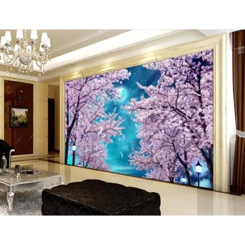 Large custom wallpaper wall murals blue sky night street lights cherry tree papel de parede wallpaper for walls 3 d