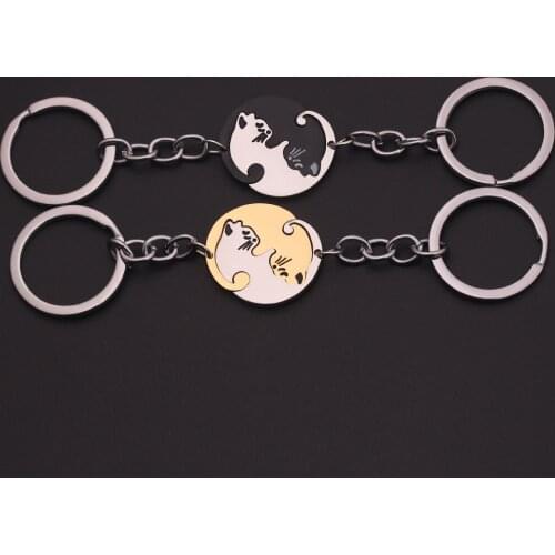 Cute Animal Black White Cat Couple Car Keychains Pendants Lover Keyring Pulsera For Women Men Choker Valentines Day Gift