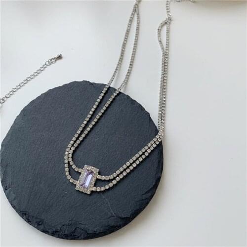 Origin Summer Shiny Bling Rectangle Rhinestone Chokers Necklace for Women Lady Double Layers Chain Necklaces Statement Jewelry