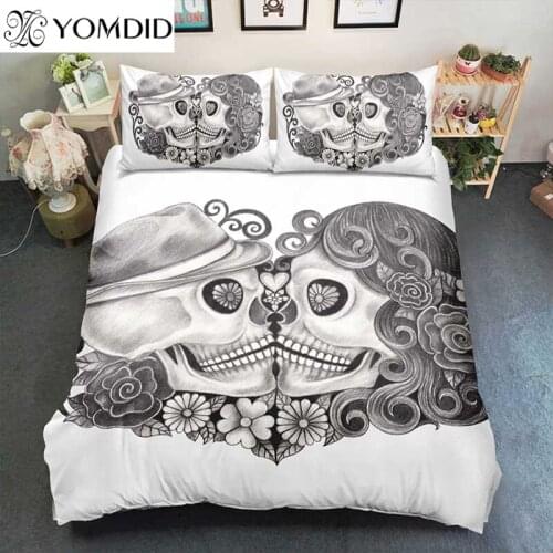 Skull Couple Duvet Cover Sets Cartoon Skull Duvet Cover With Pillowcases Queen/King Size Bedding Set for Wedding Bedroom Decor