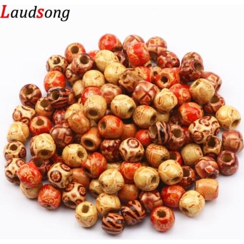 50pcs 12mm Mixed Tribal Pattern Large Hole Wooden Beads Spacer Loose Beads For Jewelry Making DIY Bracelet Necklace Accessories