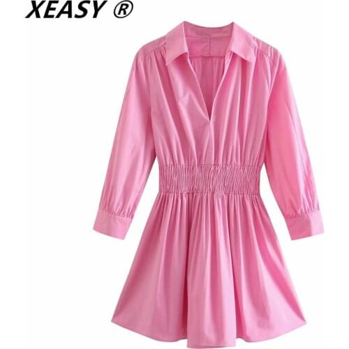 Klacwaya Women 2021 Fashion Pink Color Pleat High Elastic Waist Poplin Shirt Dress Chic Female Three Quarter Sleeve Vestido