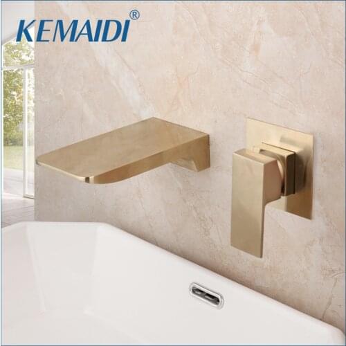 KEMAIDI Brushed Gold Basin Faucet Embedded Box Valve Bathroom Sink Faucet Wall Mounted Single Handle Waterfall Mixer tap Crane