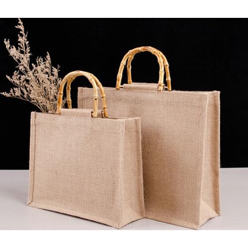 Reusable Vintage Jute Shopping Bag Eco Friendly Burlap Grocery Organizer Bag Bamboo Loop Handles Large Capacity Tote Handbag
