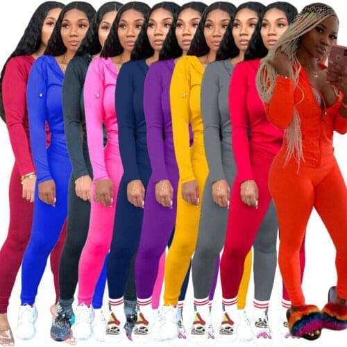 Fashion Women Hooded Long Sleeve Zipper Coat+Long Pants Solid Color Tracksuit