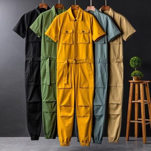 Men Cargo Overall Punk Style Hip-hop Pockets Pants Summer short Sleeve Rompers Men Jumpsuit Streetwear Work overall Show costume