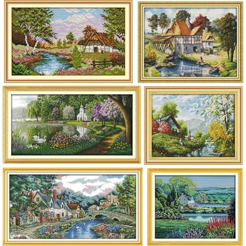 Joy Sunday Counted Cross Stitch Kit Green Lake Reflected Color 11CT 14CT Stamped Print Embroidery Needlework Handmade Decoration