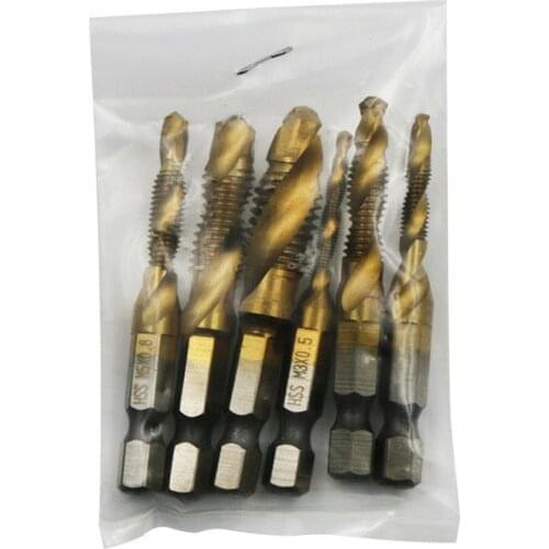 6pcs Hss Titanium M3 - M10 Combination Hex Deburr Countersink Tap Drill Bit Set Hexagonal Shank Compound Taps Set