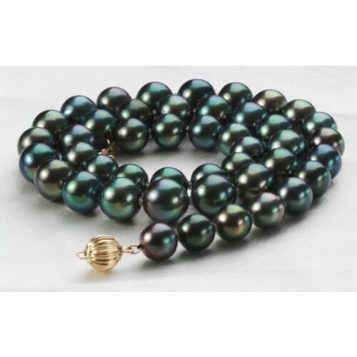 STUNNING ROUND freshwater 10-11MM ROUND BLACK GREEN PEARL NECKLACE 18INCH 925silver