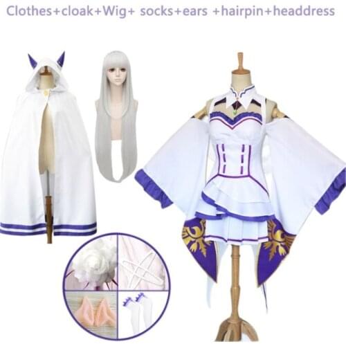 Anime Re:Zero Starting Life in Another World Emilia Cosplay Costume Cat Ears Cloak Cape Coat Wigs Women Cosplay Dress With Party