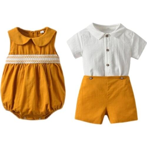 Baby Girls Smocking Romper Toddler Smocked Sleeveless Bubbles Baby Boys Suit White Shirt Shorts Sister Brother Matching Clothes