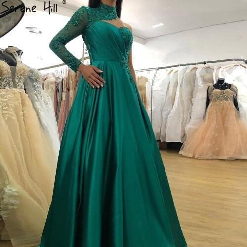 Serene Hill Green Satin A-Line Evening Dresses 2021 One Shoulder Beading Sexy Gowns For Woman Party DLA71073
