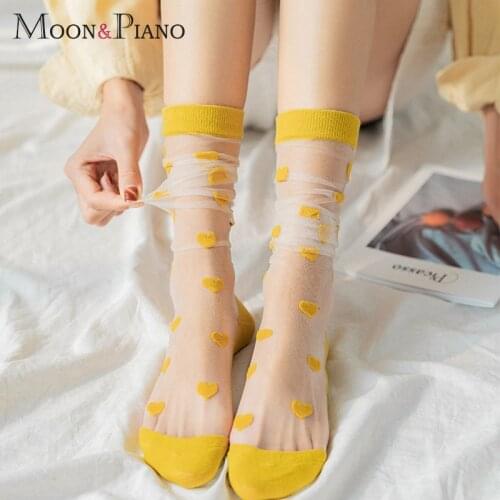 1 Pair Thin Transparent Sock Breathable Summer Women Printing Heart Pattern Sweet Cute Style Comfortable Elastic Short Socks