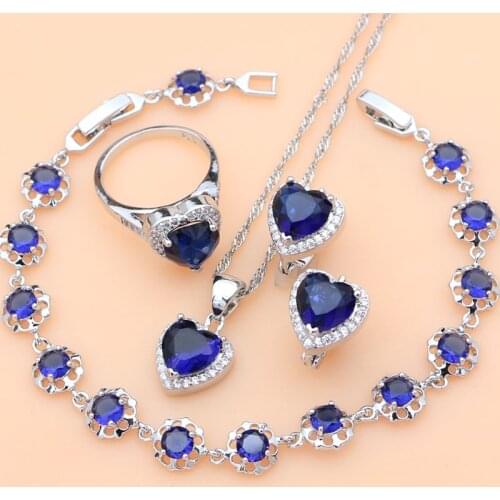 Heart Blue Cubic Zirconia Jewelry Sets Silver Bridal Jewelry Docoration For Women Wedding Earrings Rings Bracelet Necklace Set