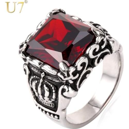 Vintage Crystal Ring Trendy Big Red Crystal Stone Stainless Steel Party Jewelry Wedding Bands Ring For Women R364