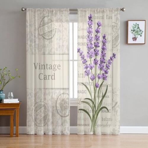 Vintage Card Lavender Flowers Sheer Curtains for Living Room Bedroom Tulle Curtains Kitchen Window Treatments Panel Drapes